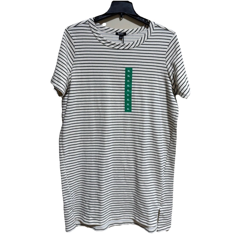 Buffalo David Bitton Striped T-Shirt Dress White Black Short Sleeve Crew Neck XL